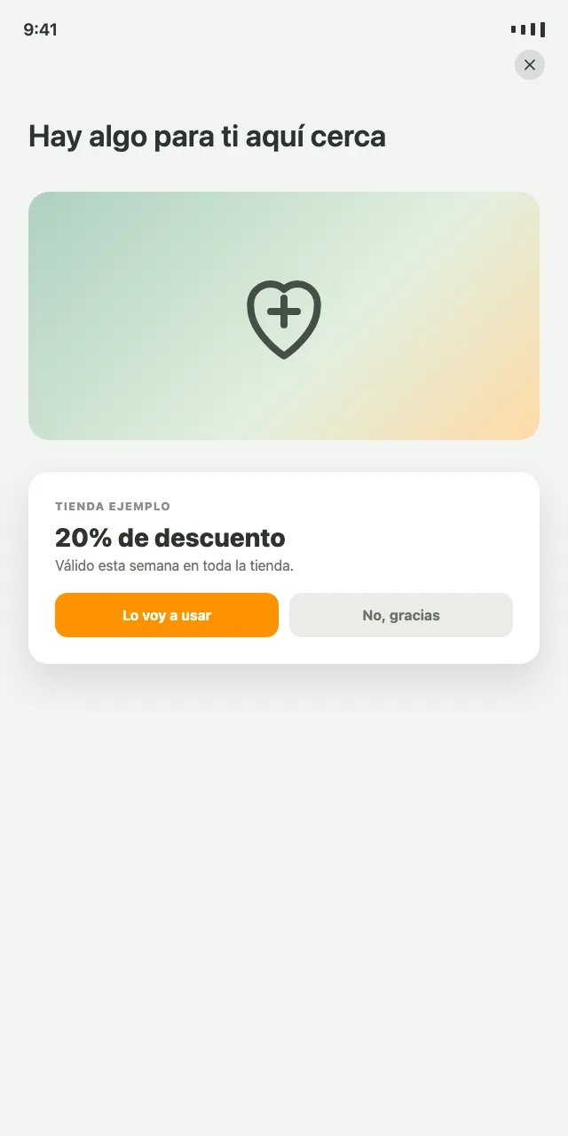 Ilustración de un aviso de OfertApp: notificación de un beneficio cercano, con datos de ejemplo.