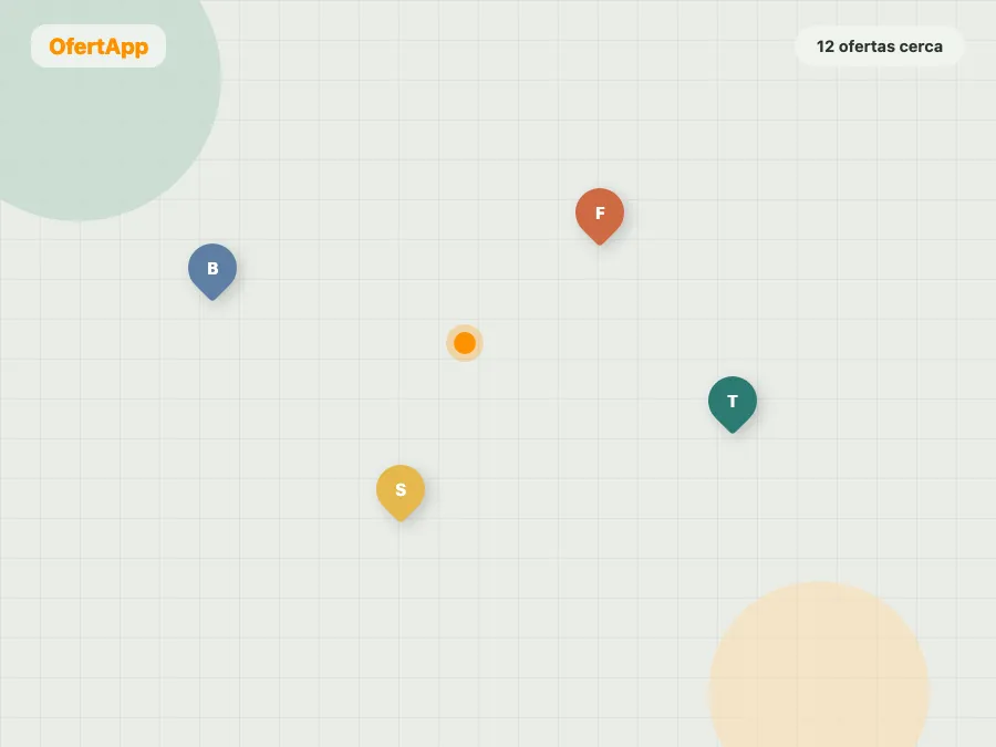 Ilustración del mapa de beneficios cercanos en OfertApp, con datos de ejemplo.