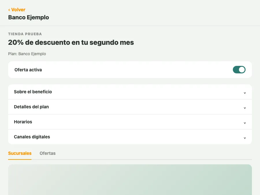 Ilustración de la pantalla de detalle de una oferta en OfertApp, con datos de ejemplo.