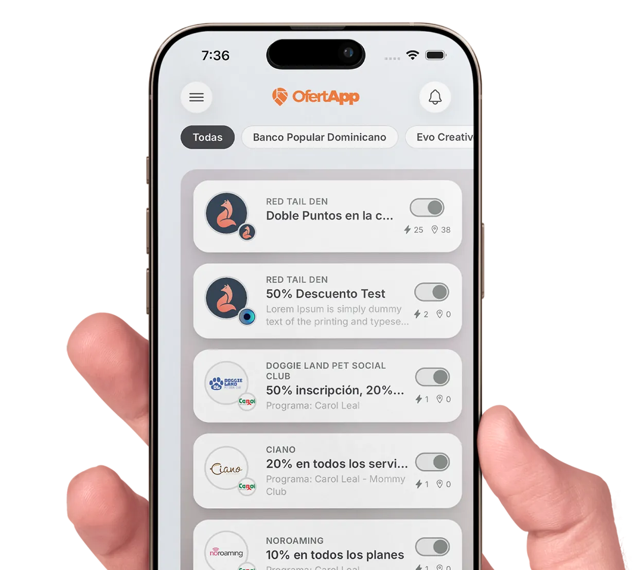 OfertApp mostrando la lista de beneficios disponibles para activar.
