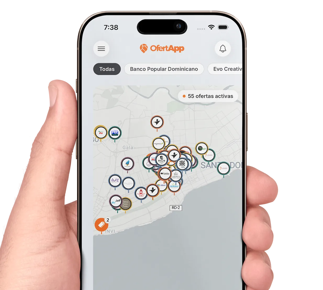OfertApp mostrando el mapa con negocios cercanos que tienen beneficios activos.