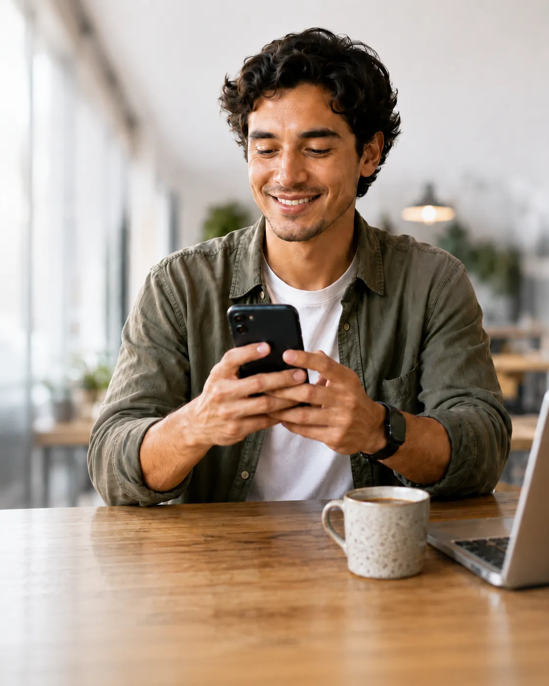 Hombre sonriendo mientras configura sus alertas de OfertApp en el teléfono