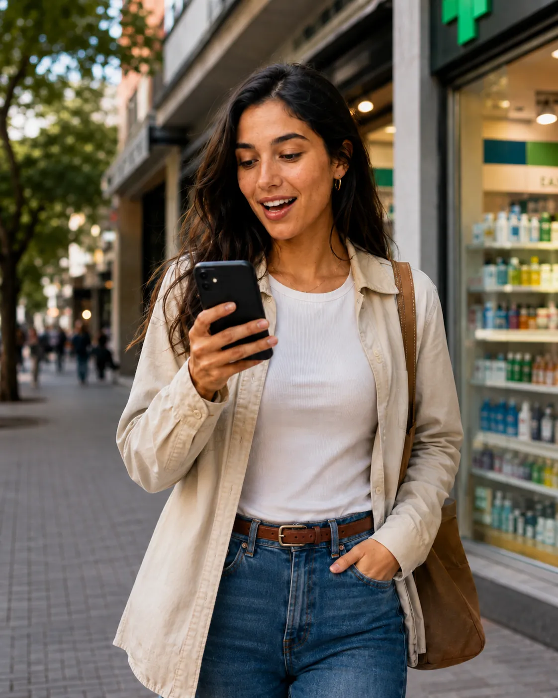 Mujer recibiendo un aviso de descuento de OfertApp al pasar frente a una farmacia